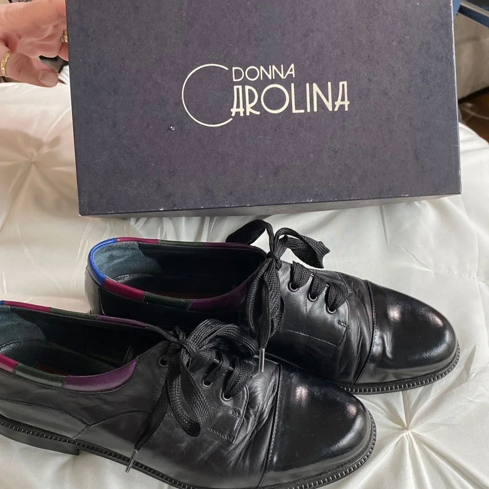 Black Leather Lace-Up Shoes with Multicolor Color Trim Made in Italy 38 1/2